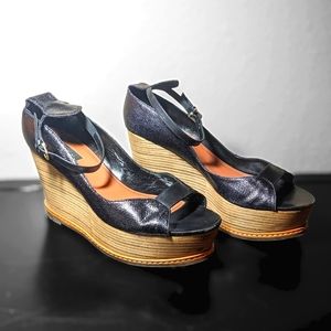 Derek Lam Black Manhattan Wood Wedge Platform Heels Sandals Peephole Strap sz 10